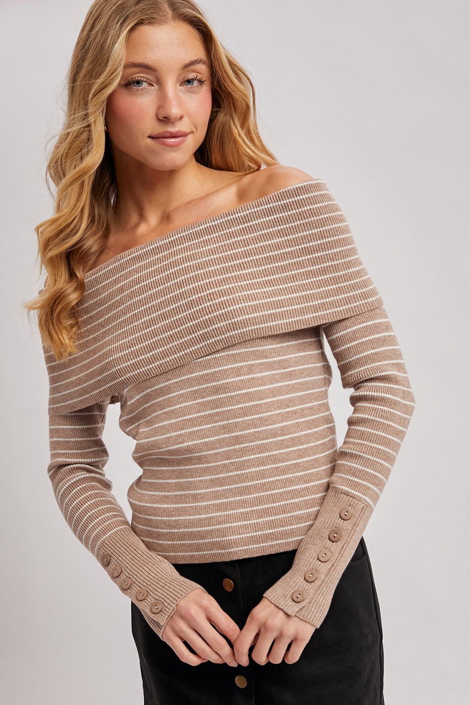 STRIPED OFF THE SHOULDER KNIT TOP, Contents:50%VISCOSE, 28%POLYESTER, 22%NYLON