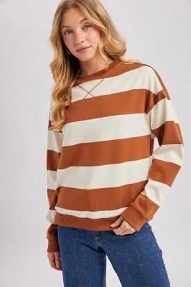 STRIPED BOXY CREW NECK KNIT SWEATSHIRT, Contents:75%COTTON, 25%POLYESTER