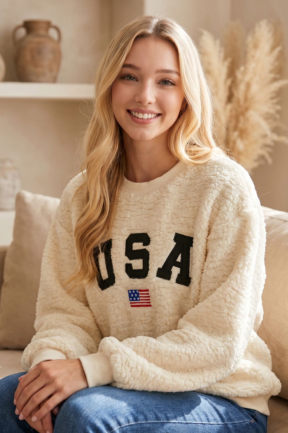 COZY SHERPA FLEECE USA FLAG KNIT PULLOVER - 4TH OF JULY, Contents:100%POLYESTER