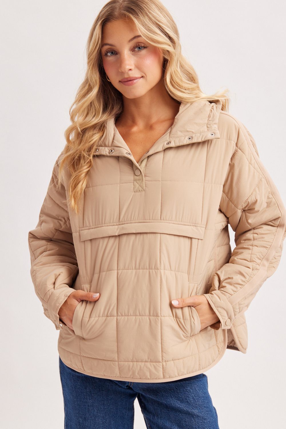 QUILTED PUFFER HOODED PULLOVER JACKET, Contents:100%NYLON