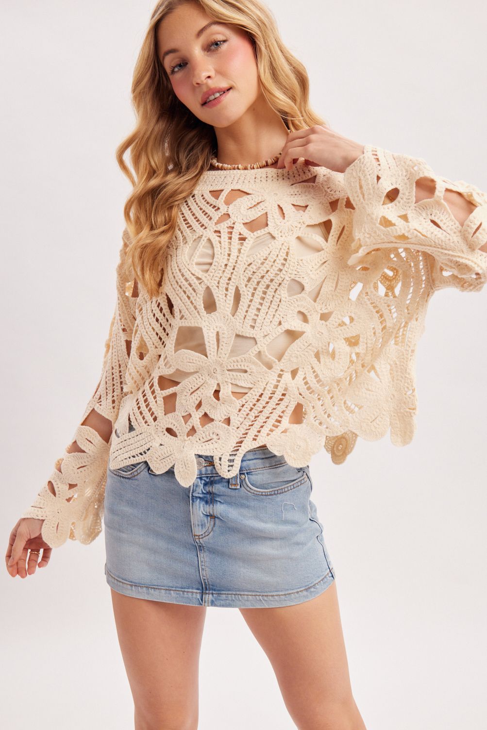 OVERSIZED OPEN-WORK CROCHET TOP, Contents:100%POYESTER