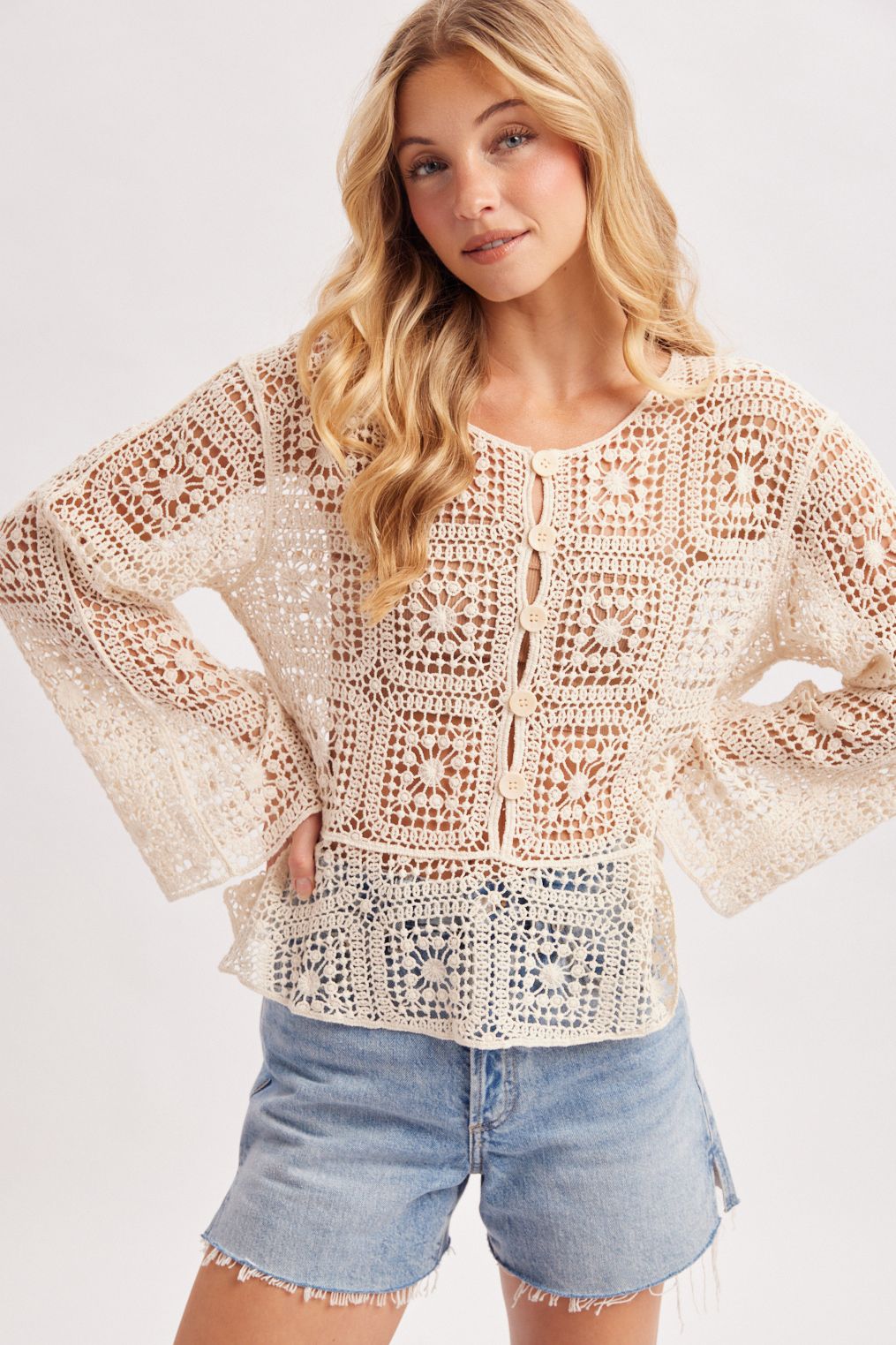 CROCHET OPEN KNIT PEPLUM BOHO TOP, Contents:100%COTTON