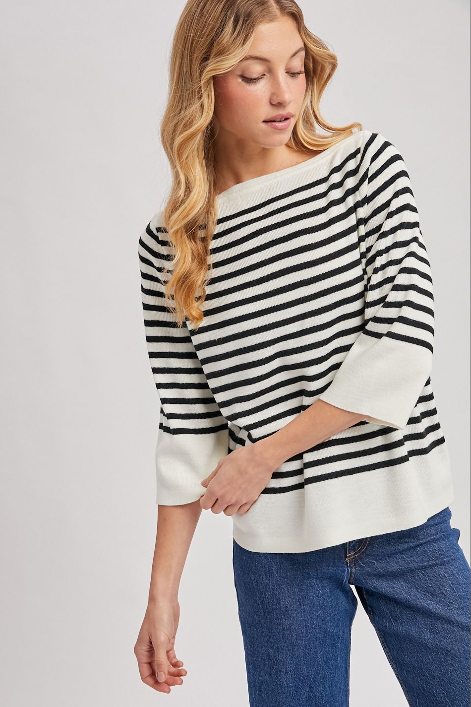STRIPED BOAT NECK KNIT PULLOVER TOP, Contents:100%ACRYLIC