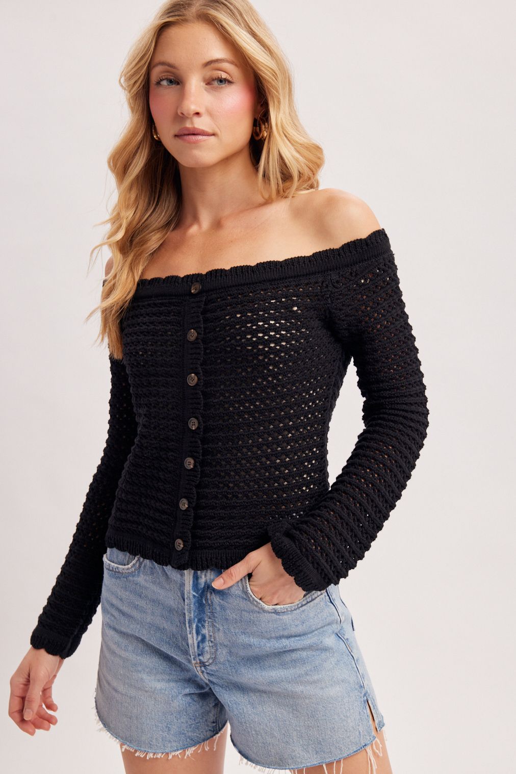 OPEN KNIT SCALLOPED TRIM OFF THE SHOULDER SWEATER TOP, Contents:100%COTTON
