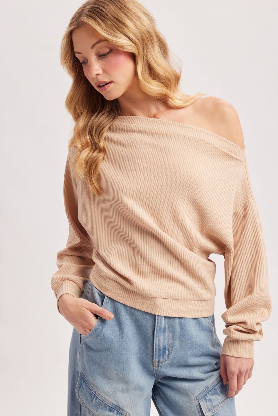 ONE SHOULDER WAFFLE KNIT SLOUCHY TOP, Contents:55%POLYESTER 40%COTTON 5%SPANDEX