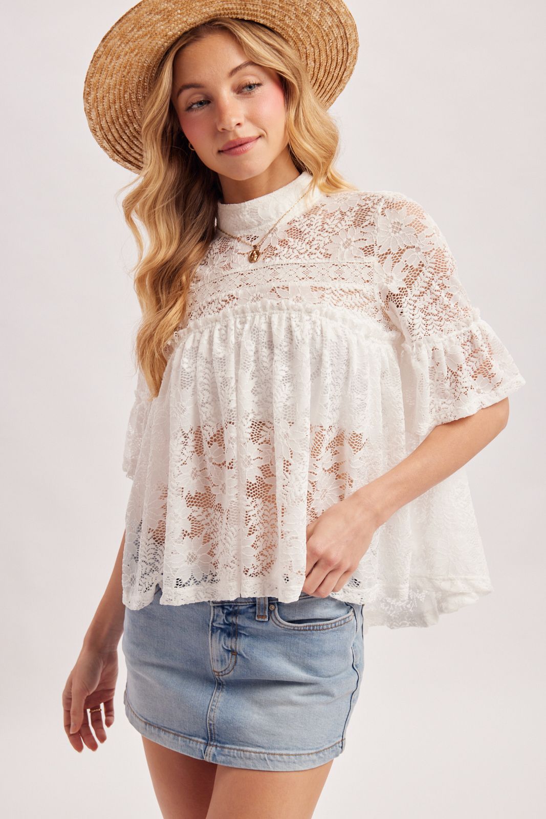 MOCK NECK BABY DOLL LACE TOP WITH NO LINING, Contents:90%NYLON, 10%SPANDEX