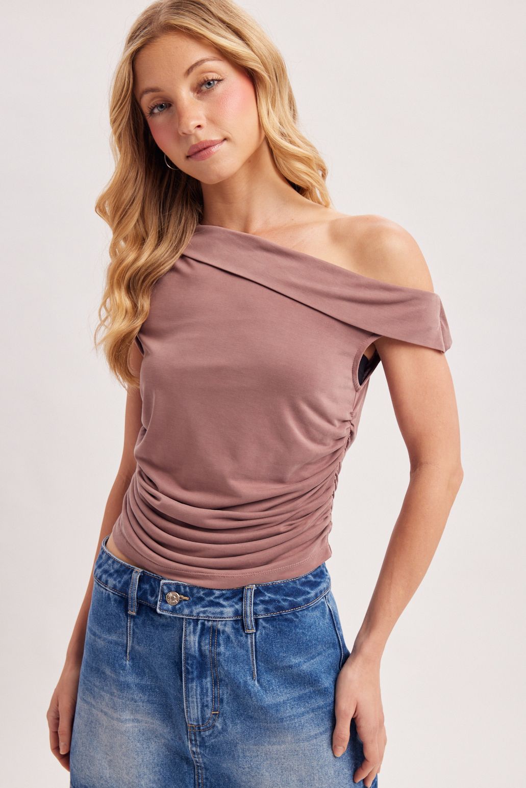 ONE-SHOULDER RUCHED TOP, Contents:70%RAYON, 30%POYESTER