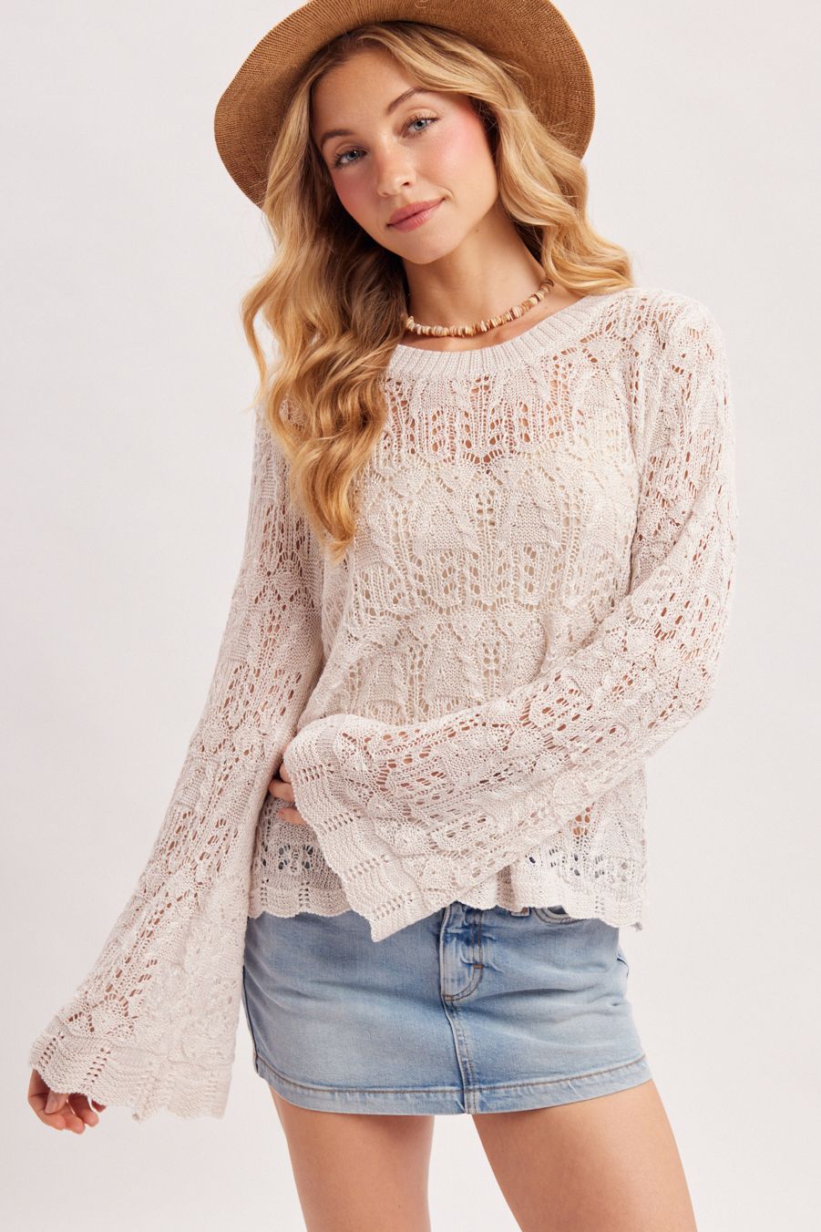 BOHO POINTELLE OPEN KNIT TOP PULLOVER, Contents:100%POLYESTER