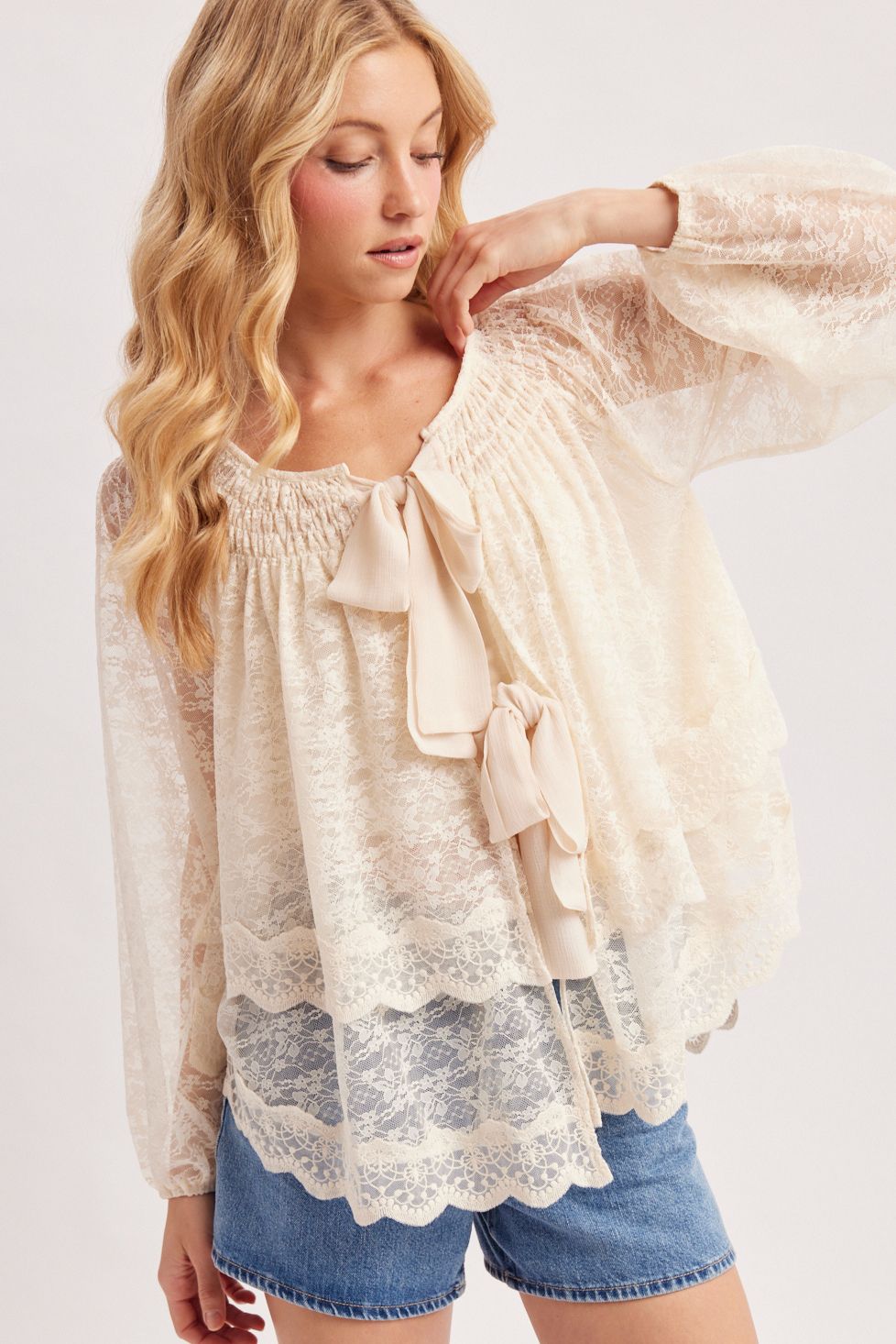 LAYERED LACE TIE-FRONT CLOSURES 2-WAY BLOUSE TOP, Contents:95%NYLON, 5%SPANDEX