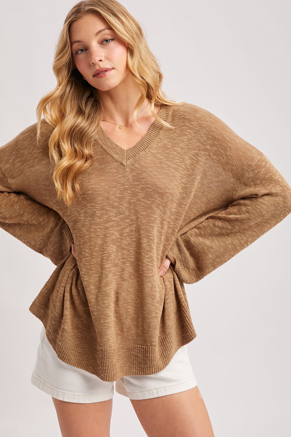 V-NECK BOXY KNIT SWEATER TUNIC, Contents:60%COTTON,40%VISCOSE