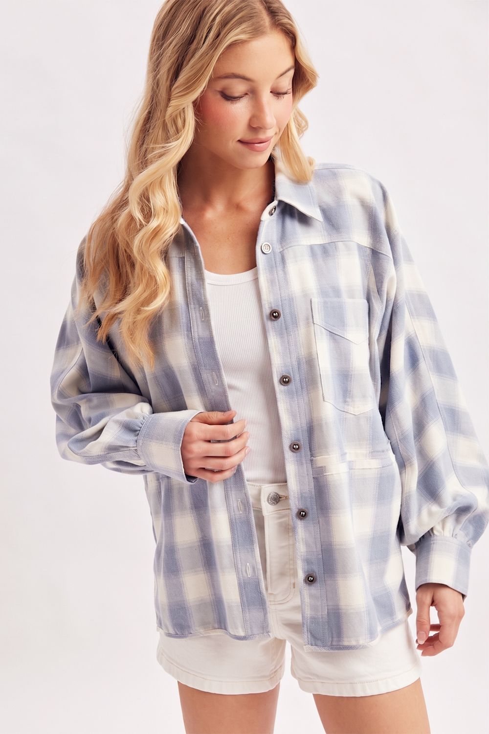 BUTTON DOWN PLAID SHACKET, Contents:100%COTTON