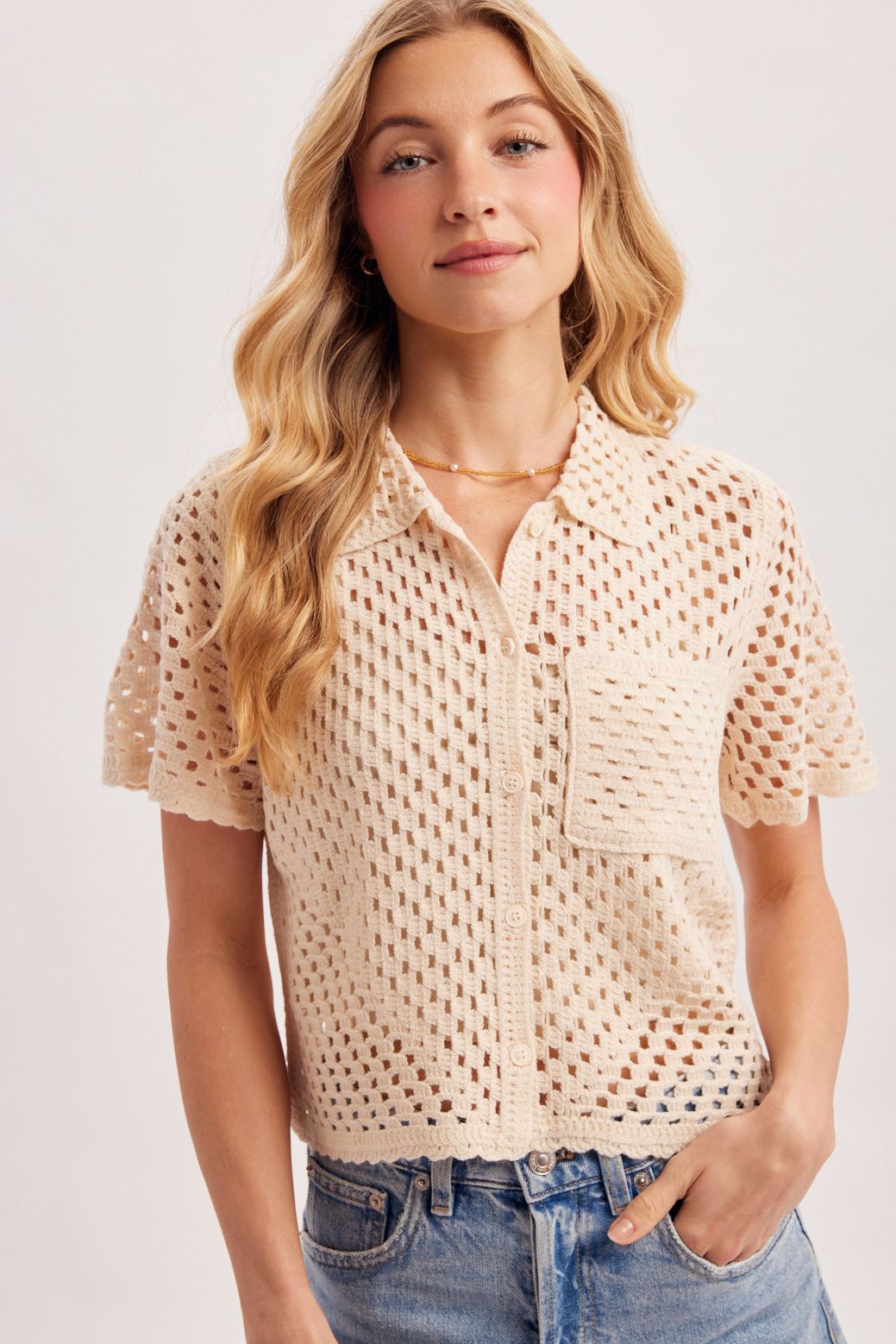 BUTTON DOWN CROCHET OPEN-KNIT SHIRT TOP, Contents:100%POYESTER