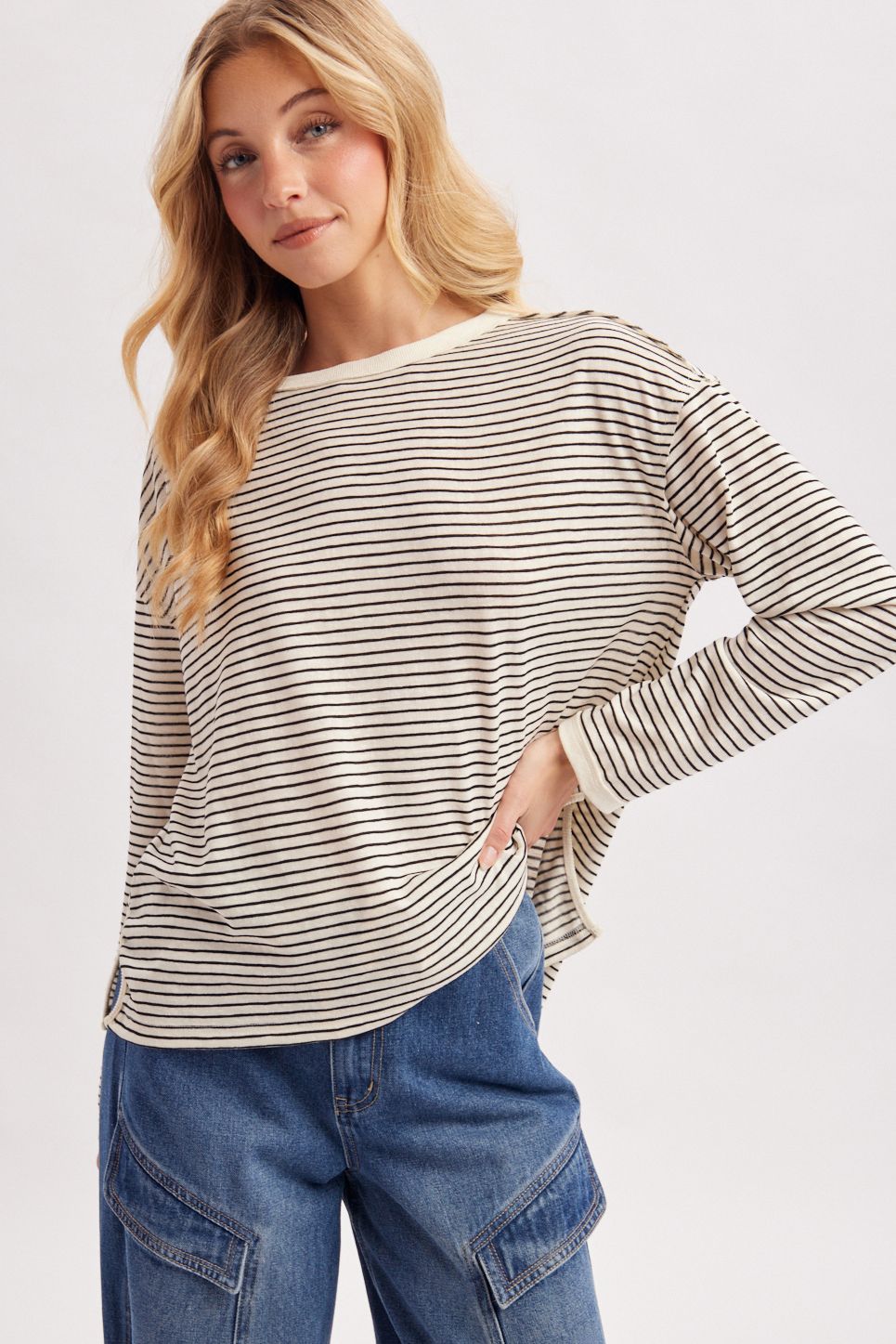 OVERSIZED BOXY STRIPED KNIT LONG SLEEVE TOP, Contents:SELF:80%POLYESTER, 20%COTTON. CONTRAST:60%POLYESTER, 35%COTTON, 5%SPANDEX