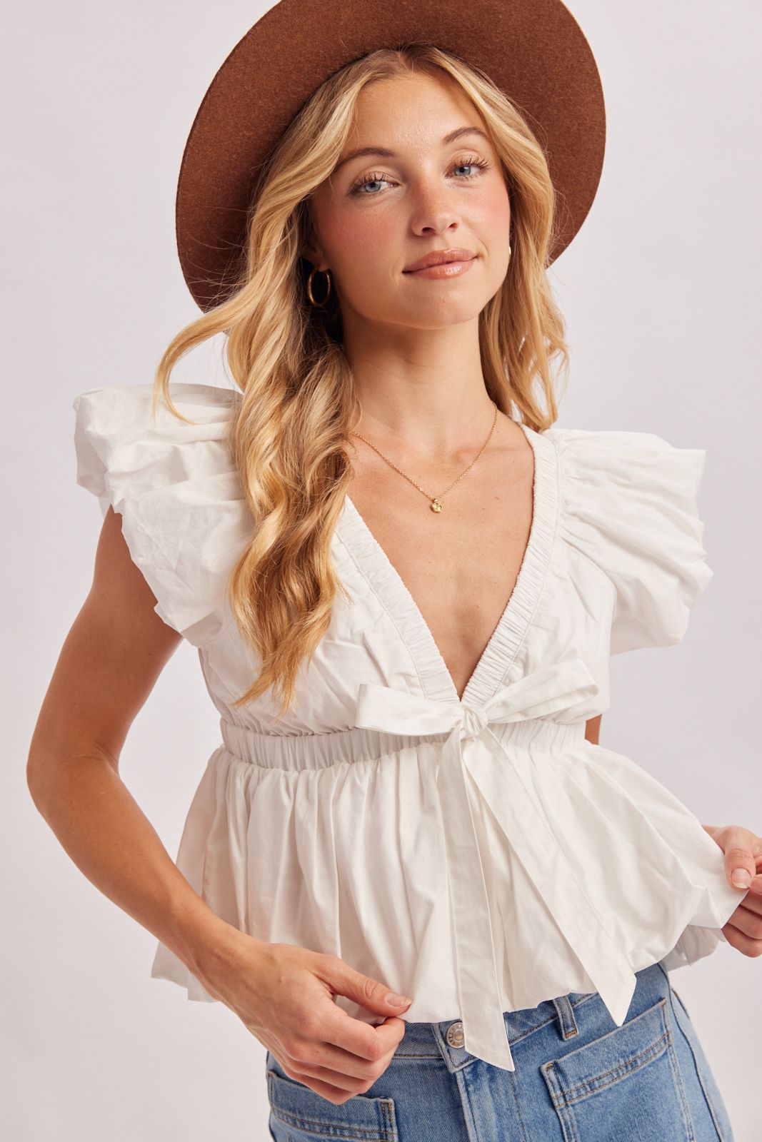 DEEP V-NECK RIBBON FRONT PLEATED PEPLUM BLOUSE, Contents:100%COTTON