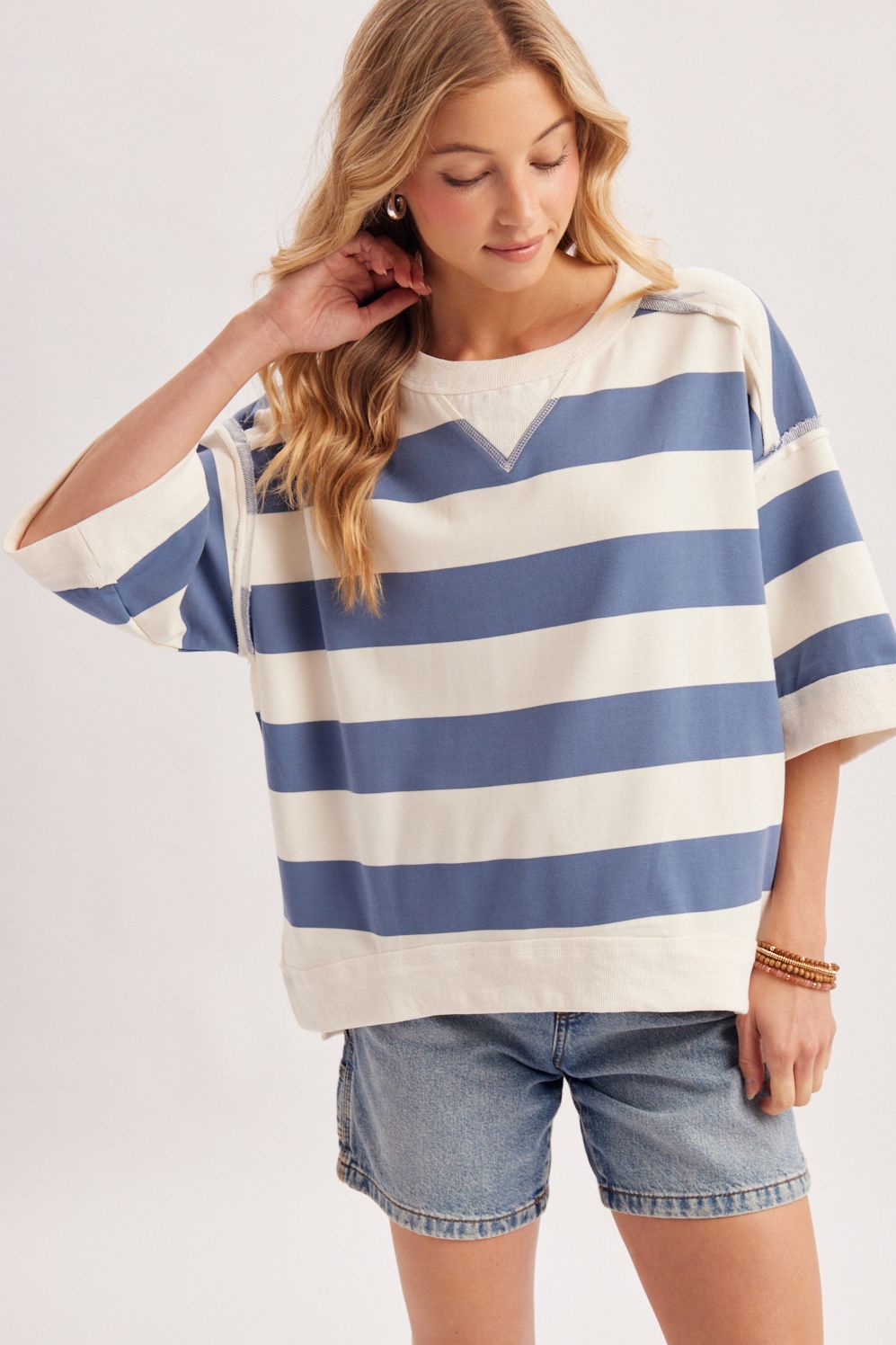 STRIPE OVERSIZED CREW NECK KNIT T-SHIRT TOP, Contents:60%COTTON, 40%POLYESTER
