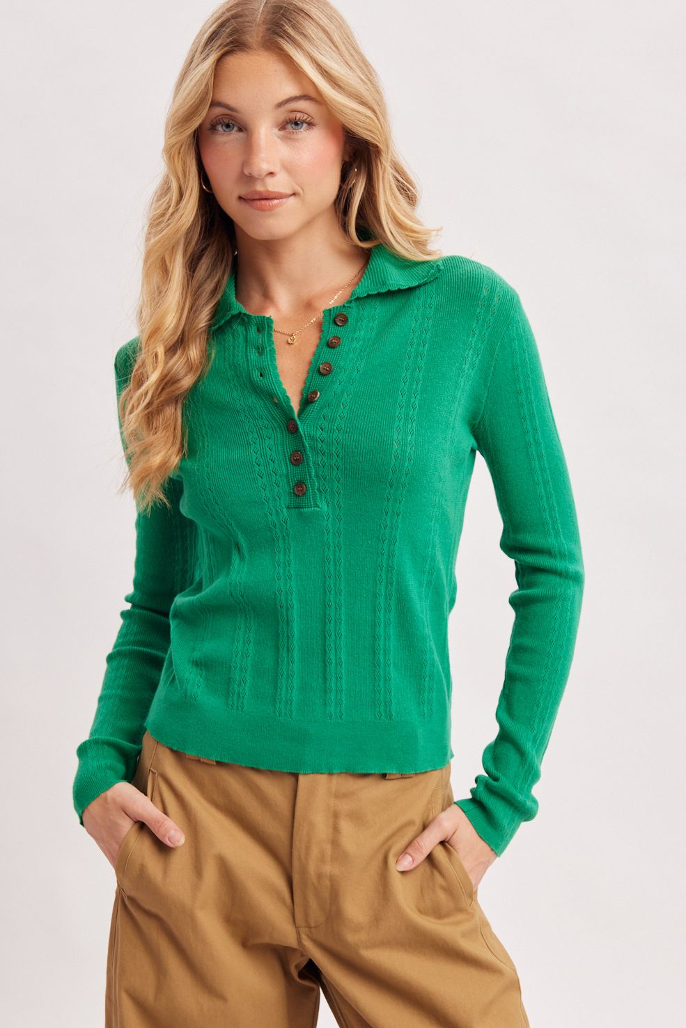 BUTTON-UP HENLEY NECK POINTELLE KNIT POLO TOP, Contents:85%COTTON, 15%NYLON