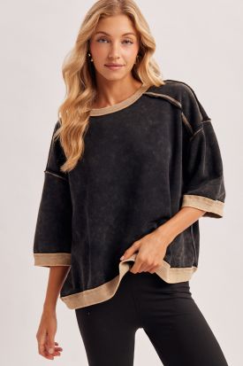 CONTRAST EXPOSED SEAM BOXY SHORT SLEEVE SWEATSHIRT, Contents:50%COTTON, 50%POLYESTER