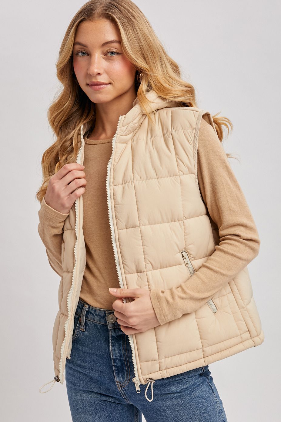 PUFFER ZIP-UP HOODED VEST, Contents:SELF:100%NYLON, FILL:100%POLYESTER