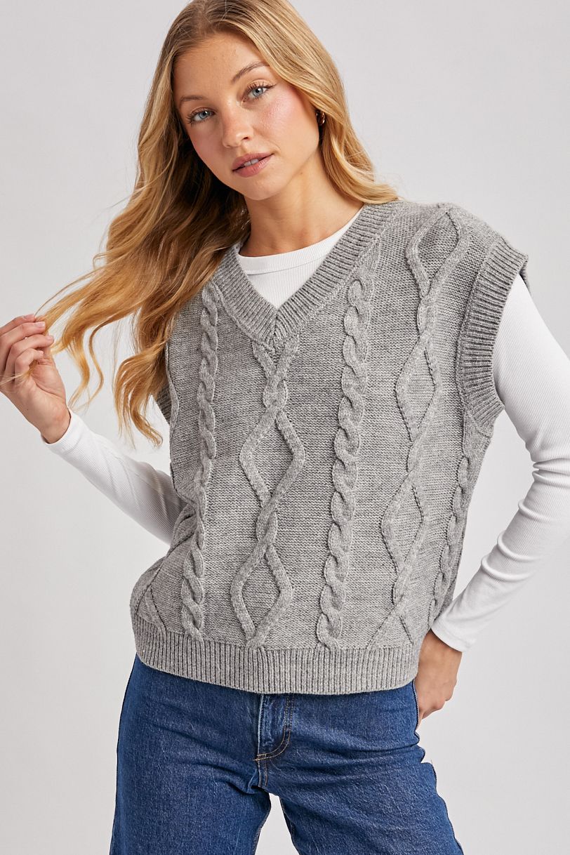 V-NECK CABLE KNIT SWEATER VEST, Contents:85%ACRYLIC, 15%WOOL