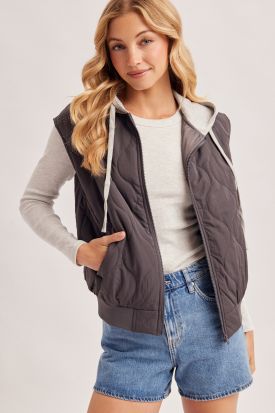 ZIPPER FRONT QUILTED PUFFER VEST CONTRAST HOODIE VEST, Contents:50%COTTON, 50%NYLON
