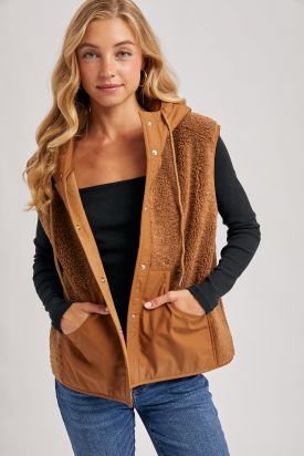 SHERPA FLEECE HOODED VEST WITH FAUX SUEDE INNER, Contents:100%POLYESTER
