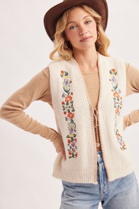VINTAGE EMBROIDERED SELF-TIE FRONT KNIT VEST, Contents:40%NYLON, 30%ACRYLIC, 30%POLYESTER