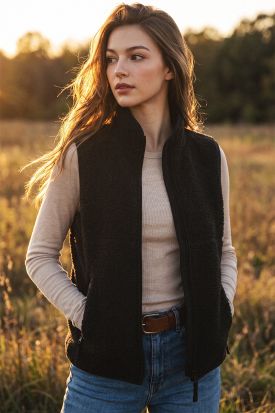 SOFT SHERPA FLEECE ZIPPER OPER FRONT MOCK NECK VEST, Contents:SELF:100%POLYESTER. LINING:100%POLYESTER.