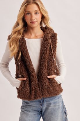 TEDDY SHERPA CURLY FAUX FUR ZIP UP HOODED VEST, Contents:100%POLYESTER