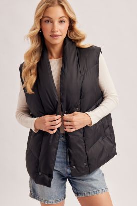 OVERSIZED SHAWL COLLAR QUILTED PUFFER VEST, Contents:100%NYLON
