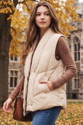OVERSIZED SHAWL COLLAR QUILTED PUFFER VEST, Contents:100%NYLON