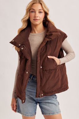 OVERSIZE HIGH NECK QUILTED PUFFER VEST, Contents:100%NYLON
