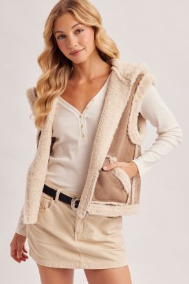 ZIPPER FRONT SHEARLING SUEDE HOODED VEST, Contents:100%POLYESTER
