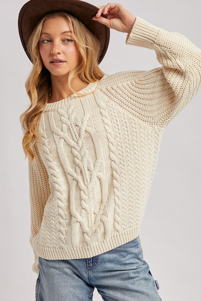 CREW-NECK CABLE KNIT SWEATER PULLOVER, Contents:100%COTTON