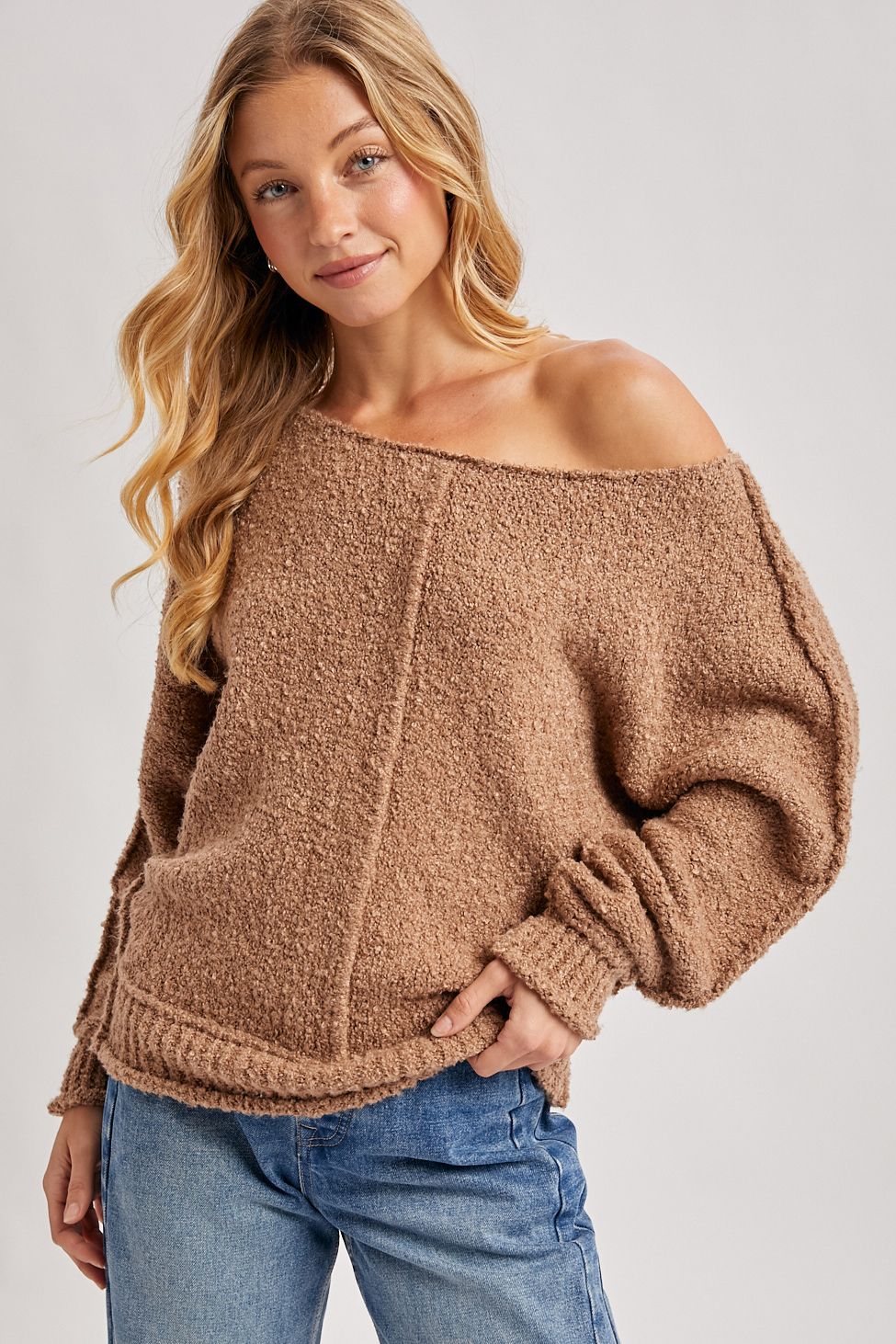 WIDE NECK OVERSIZED PULLOVER KNIT SWEATER, Contents:100%COTTON