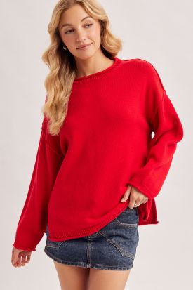 OVERSIZED SIDE SLIT KNIT SWEATER PULLOVER, Contents:100%COTTON