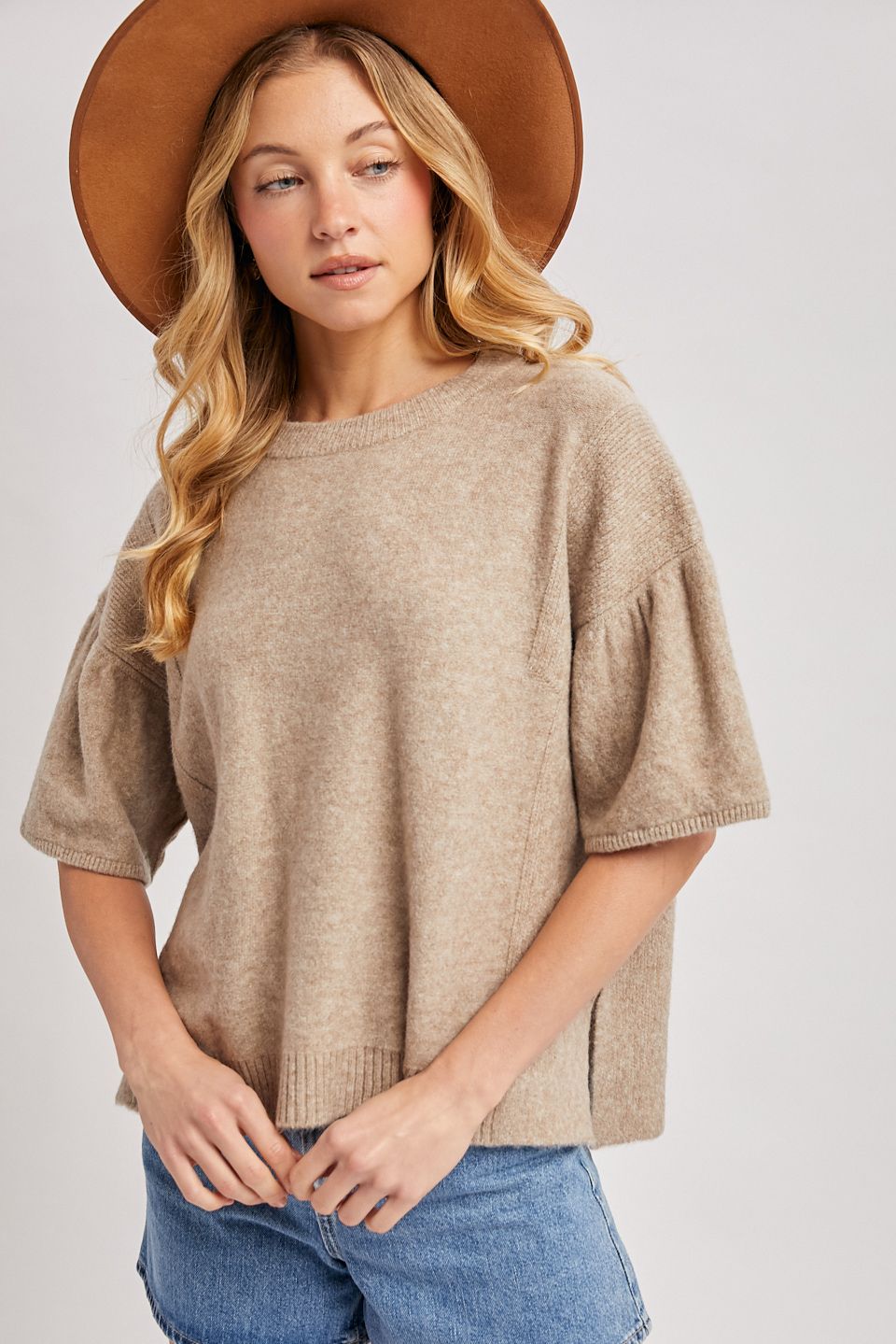 GATHERED SHORT SLEEVE BOXY KNIT SWEATER, Contents:45%NYLON, 45%ACRYLIC, 6%WOOL, 4%SPANDEX