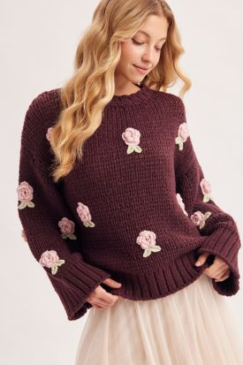 3D CROCHET ROSETTE OVERSIZED CHUNKY KNIT SWEATER, Contents:100%POLYESTER