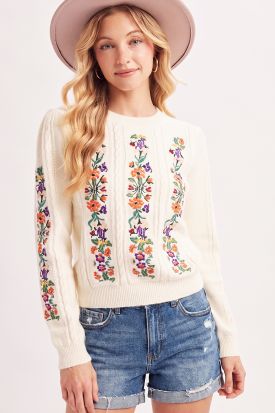 VINTAGE FLORAL EMBROIDERED KNIT SWEATER, Contents:52%ACRYLIC, 28%NYLON, 20%POLYESTER
