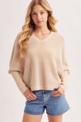 OPEN KNIT DOLMAN SLEEVED V-NECK KNIT SWEATER, Contents:100%ACRYLIC