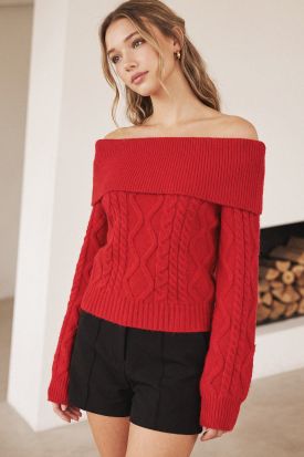 OFF THE SHOULDER CABLE KNIT BARDOT SWEATER, Contents:40%ACRYLIC, 30%POLYESTER, 30%NYLON