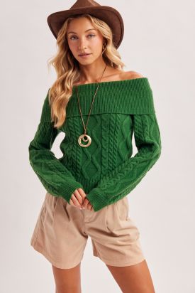 OFF THE SHOULDER CABLE KNIT BARDOT SWEATER, Contents:40%ACRYLIC, 30%POLYESTER, 30%NYLON