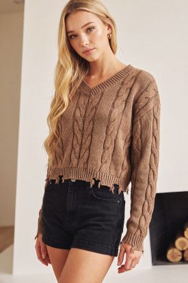 V-NECK CROPPED CHUNKY CABLE KNIT WASHED SWEATER, Contents:100%COTTON