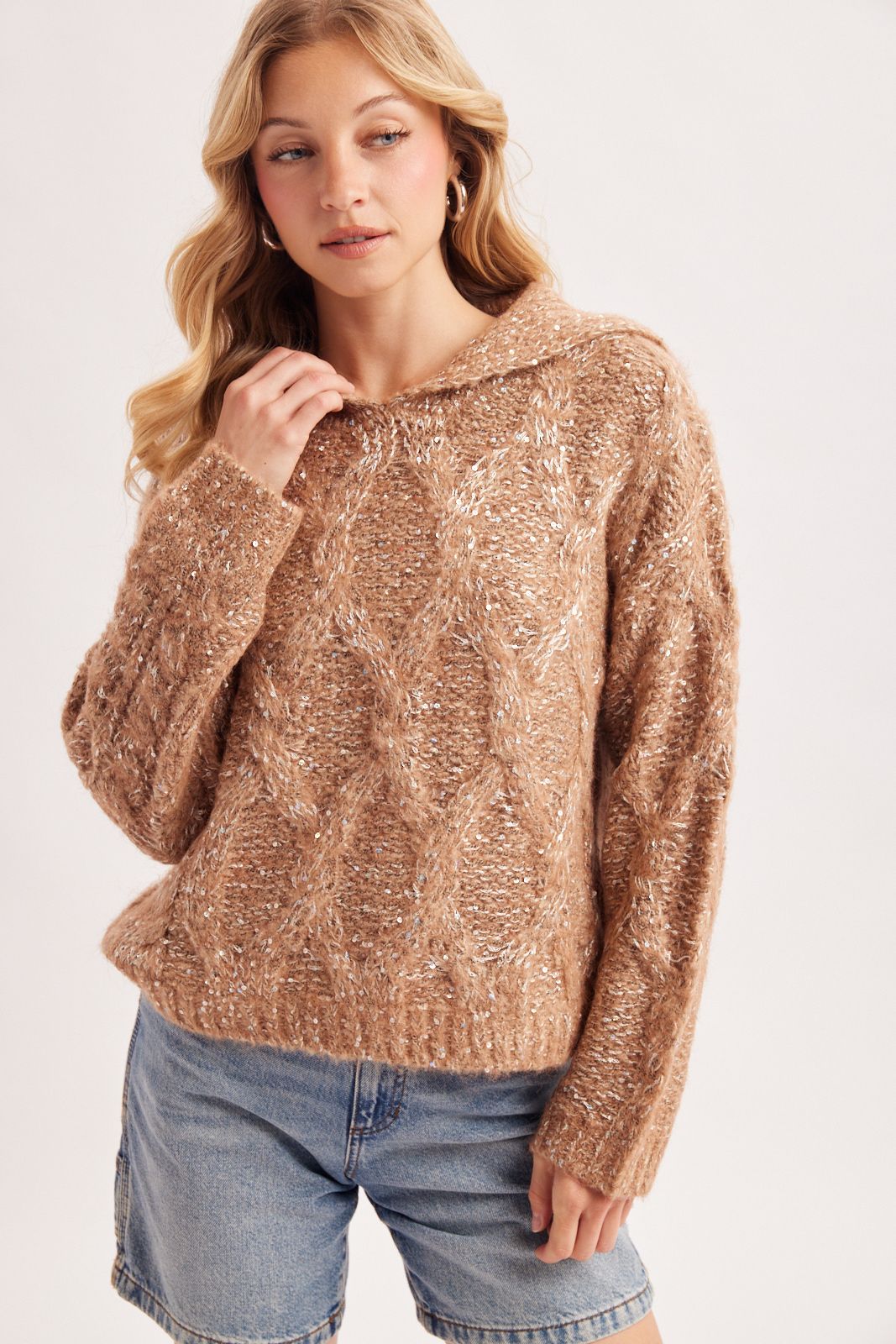 SEQUIN FUZZY DIAMOND CABLE KNIT SWEATER, Contents:100%POLYESTER