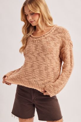 SLOUCHY SCOOP NECK CHUNKY KNIT SWEATER, Contents:80%ACRYLIC, 20%WOOL